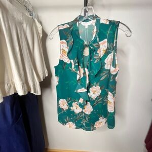 APRICOT Teal Floral Ruffle Tie-Neck Sleeveless Blouse
